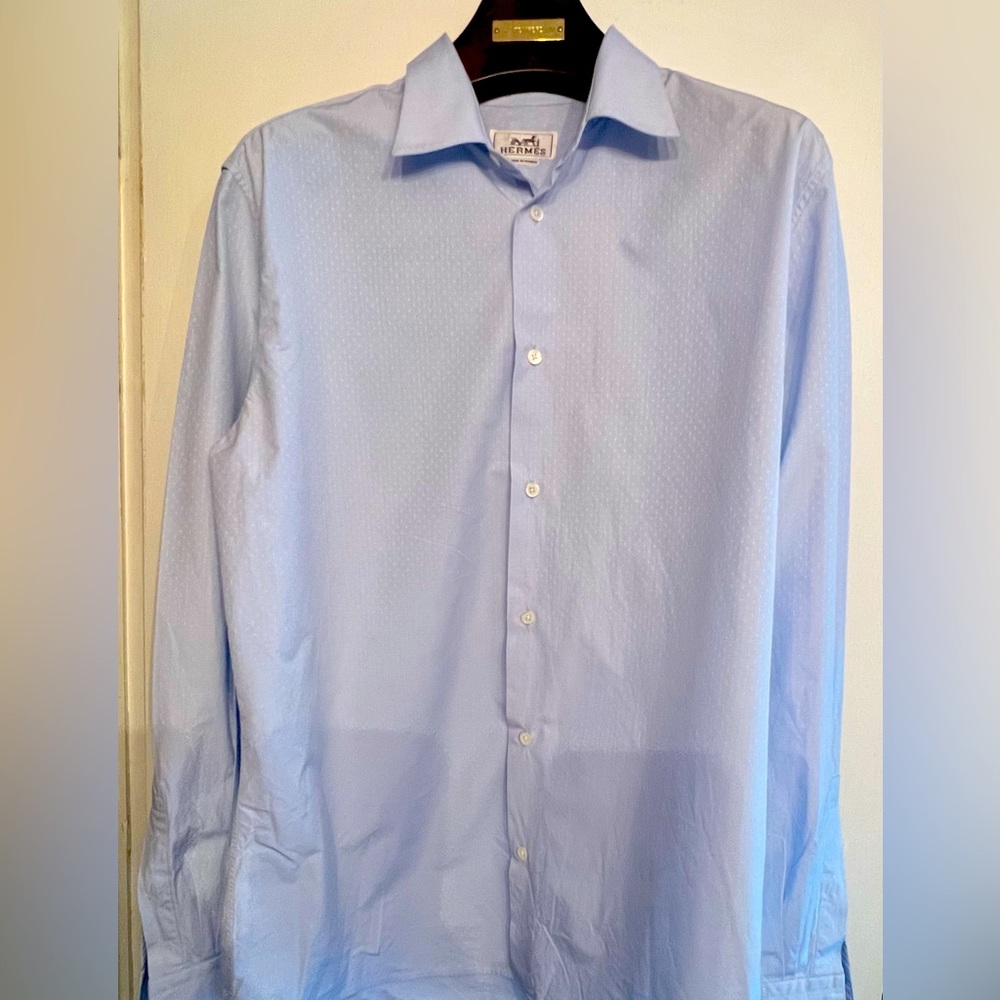 HERMÈS Men’s Shirt with H allover and leather cuff details 16 1-2 42